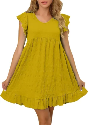 Women's Summer Dresses 2025 Cute Ruffle Cap Sleeve V-Neck Flowy Swing Mini Dress Loose Pleated Mini Babydoll Dress