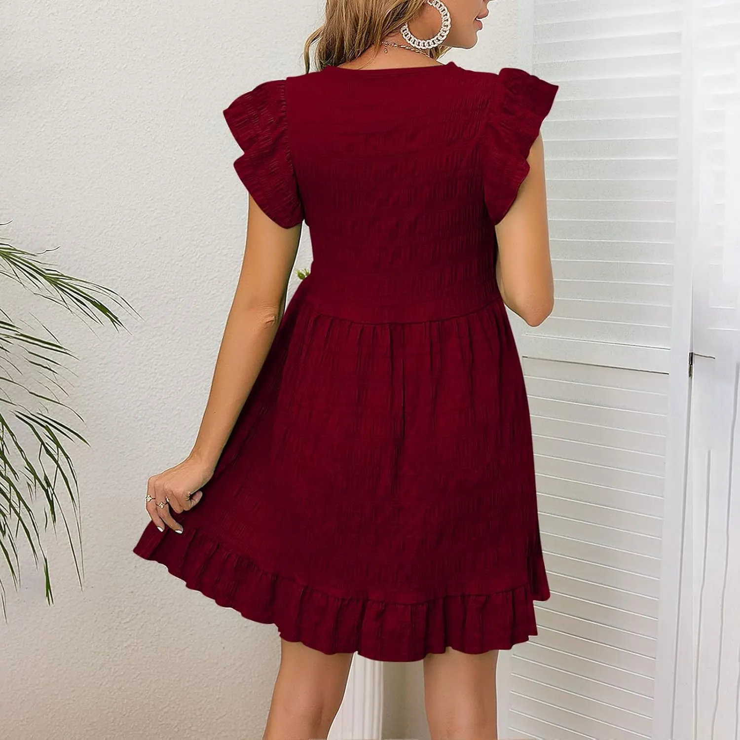 Women's Summer Dresses 2025 Cute Ruffle Cap Sleeve V-Neck Flowy Swing Mini Dress Loose Pleated Mini Babydoll Dress