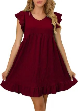 Women's Summer Dresses 2025 Cute Ruffle Cap Sleeve V-Neck Flowy Swing Mini Dress Loose Pleated Mini Babydoll Dress