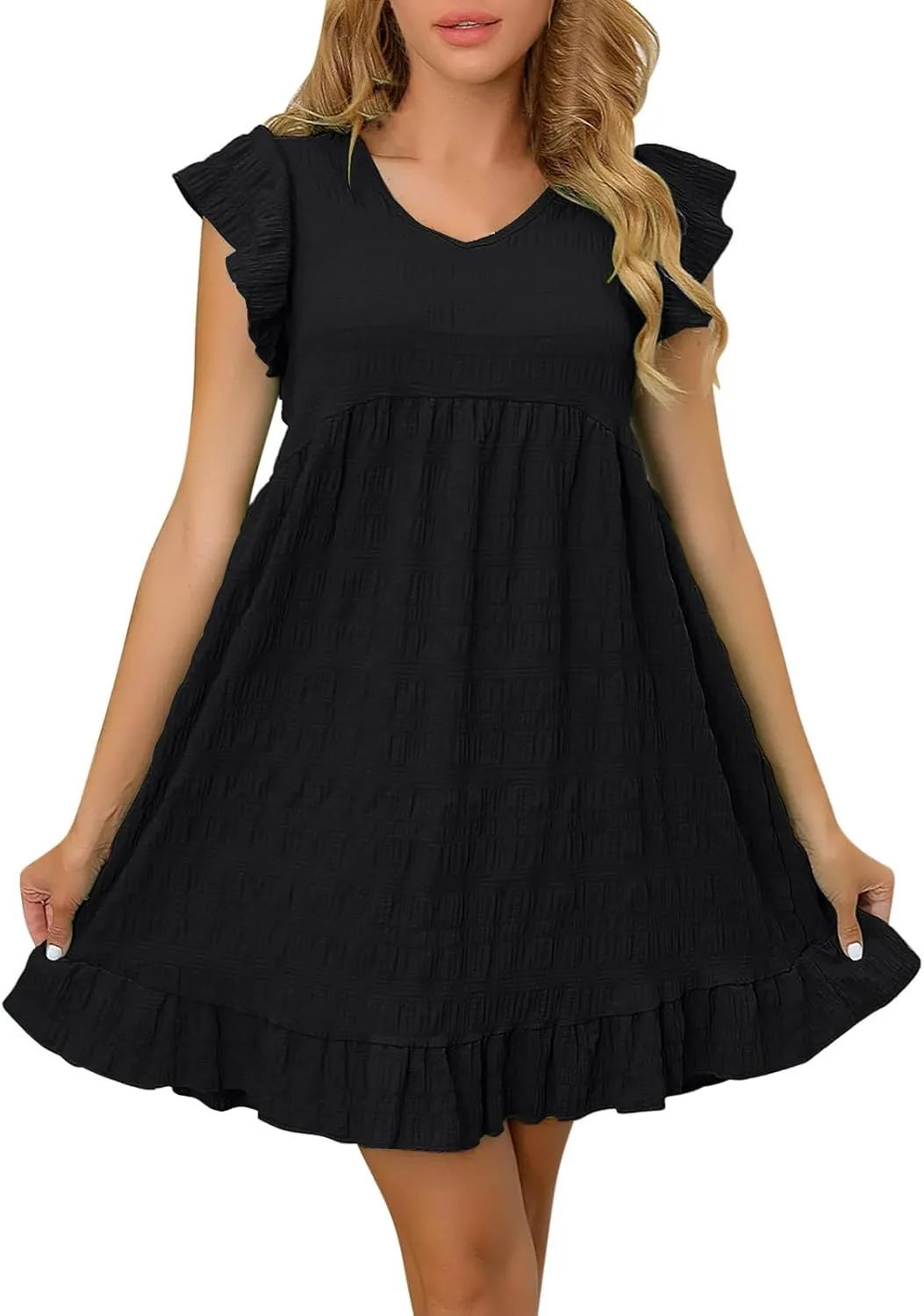 Women's Summer Dresses 2025 Cute Ruffle Cap Sleeve V-Neck Flowy Swing Mini Dress Loose Pleated Mini Babydoll Dress