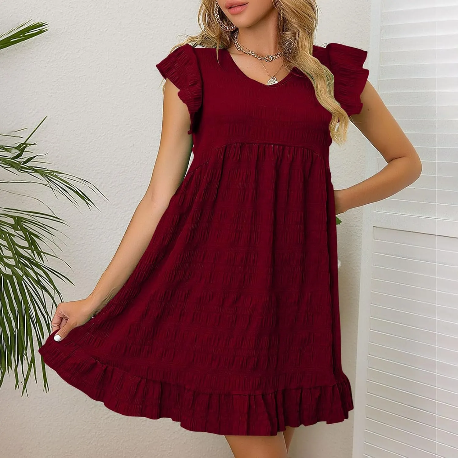 Women's Summer Dresses 2025 Cute Ruffle Cap Sleeve V-Neck Flowy Swing Mini Dress Loose Pleated Mini Babydoll Dress