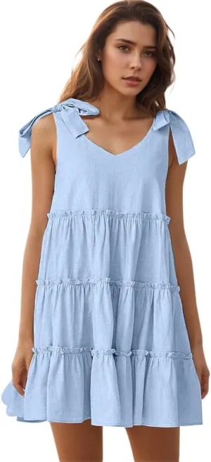 Womens Summer Dresses Flowy Dresses for Women Casual 2025 Beach Dress V Neck Sleeveless Mini Dress Ruffle Sundress