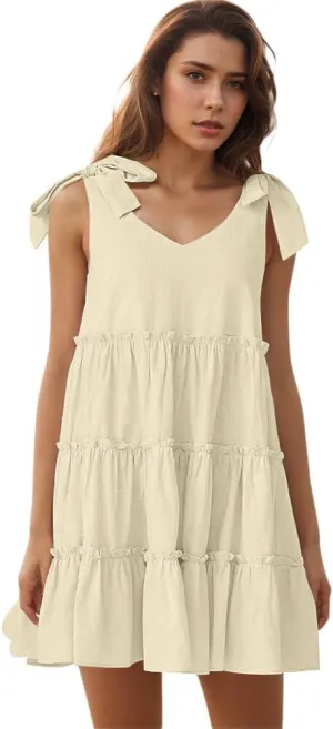 Womens Summer Dresses Flowy Dresses for Women Casual 2025 Beach Dress V Neck Sleeveless Mini Dress Ruffle Sundress