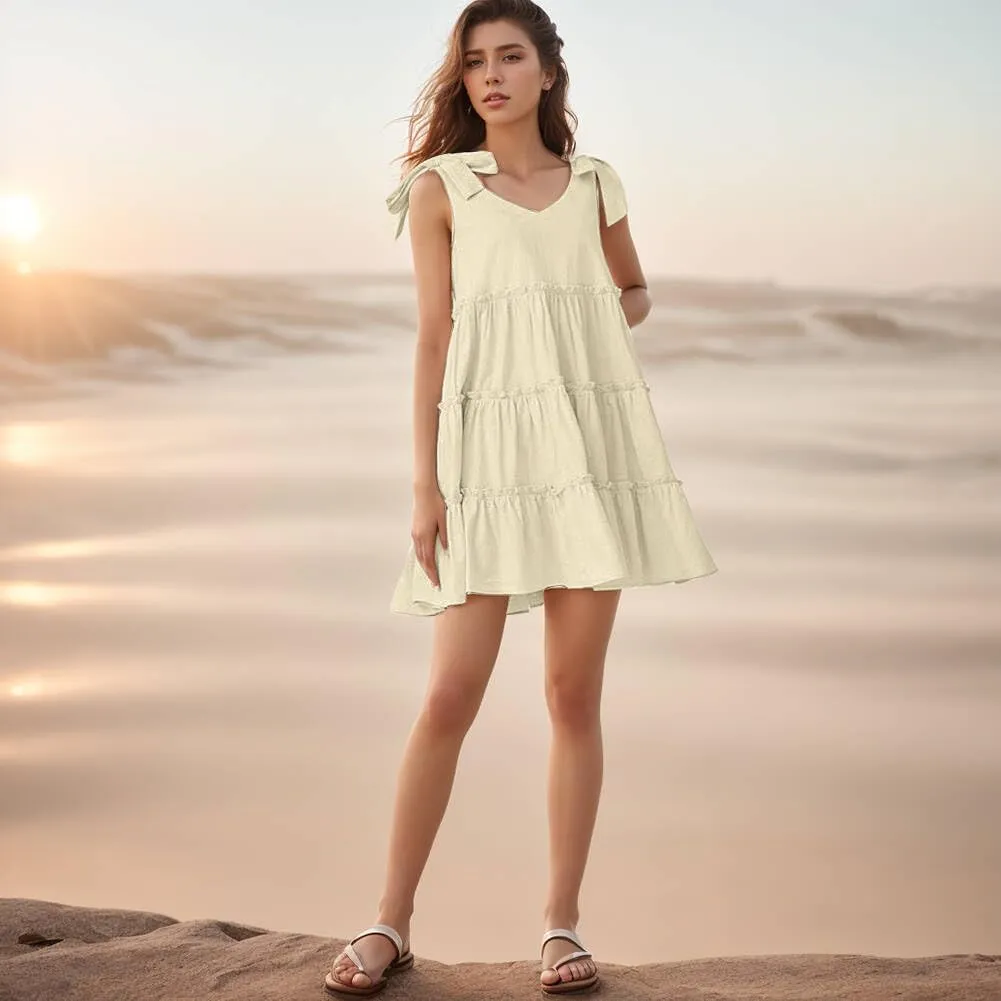 Womens Summer Dresses Flowy Dresses for Women Casual 2025 Beach Dress V Neck Sleeveless Mini Dress Ruffle Sundress