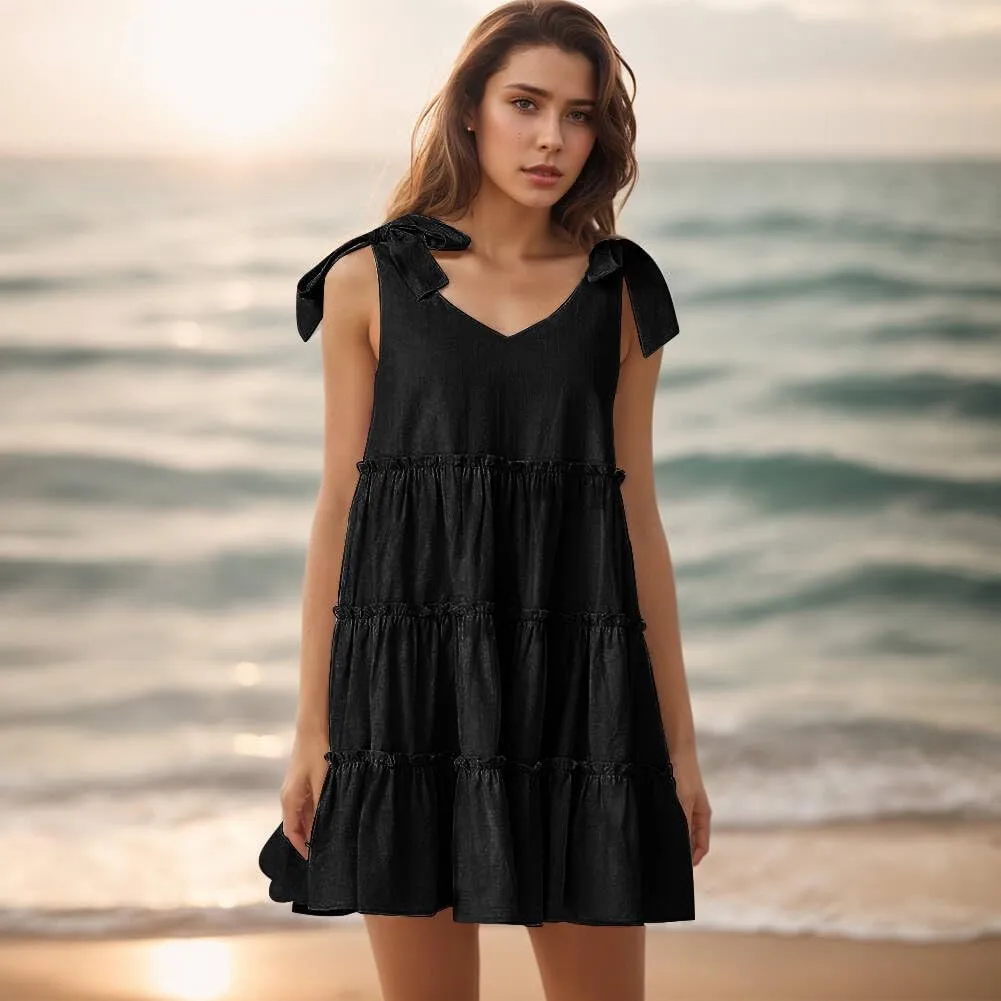 Womens Summer Dresses Flowy Dresses for Women Casual 2025 Beach Dress V Neck Sleeveless Mini Dress Ruffle Sundress