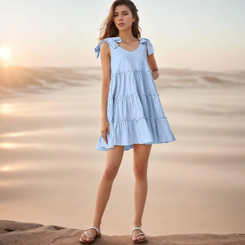 Womens Summer Dresses Flowy Dresses for Women Casual 2025 Beach Dress V Neck Sleeveless Mini Dress Ruffle Sundress