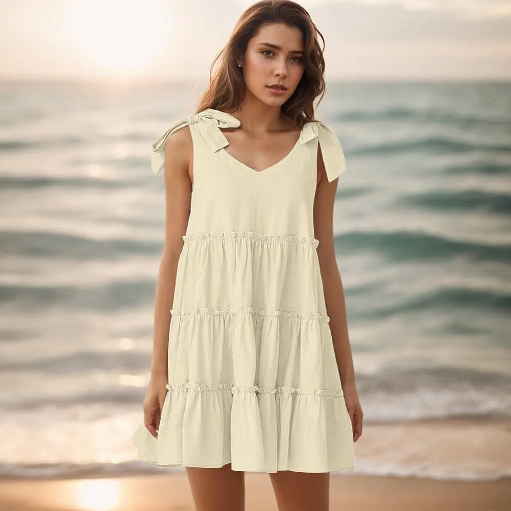 Womens Summer Dresses Flowy Dresses for Women Casual 2025 Beach Dress V Neck Sleeveless Mini Dress Ruffle Sundress