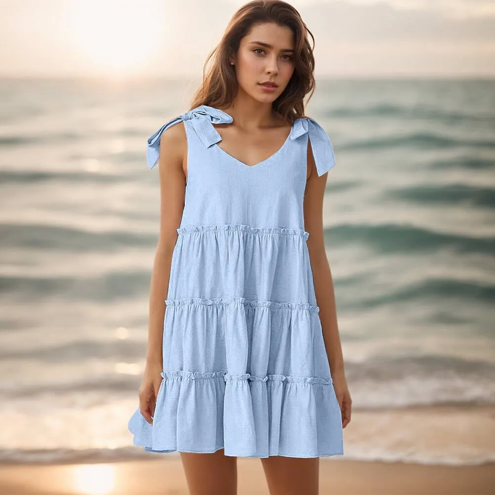 Womens Summer Dresses Flowy Dresses for Women Casual 2025 Beach Dress V Neck Sleeveless Mini Dress Ruffle Sundress