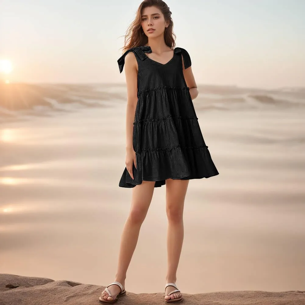 Womens Summer Dresses Flowy Dresses for Women Casual 2025 Beach Dress V Neck Sleeveless Mini Dress Ruffle Sundress