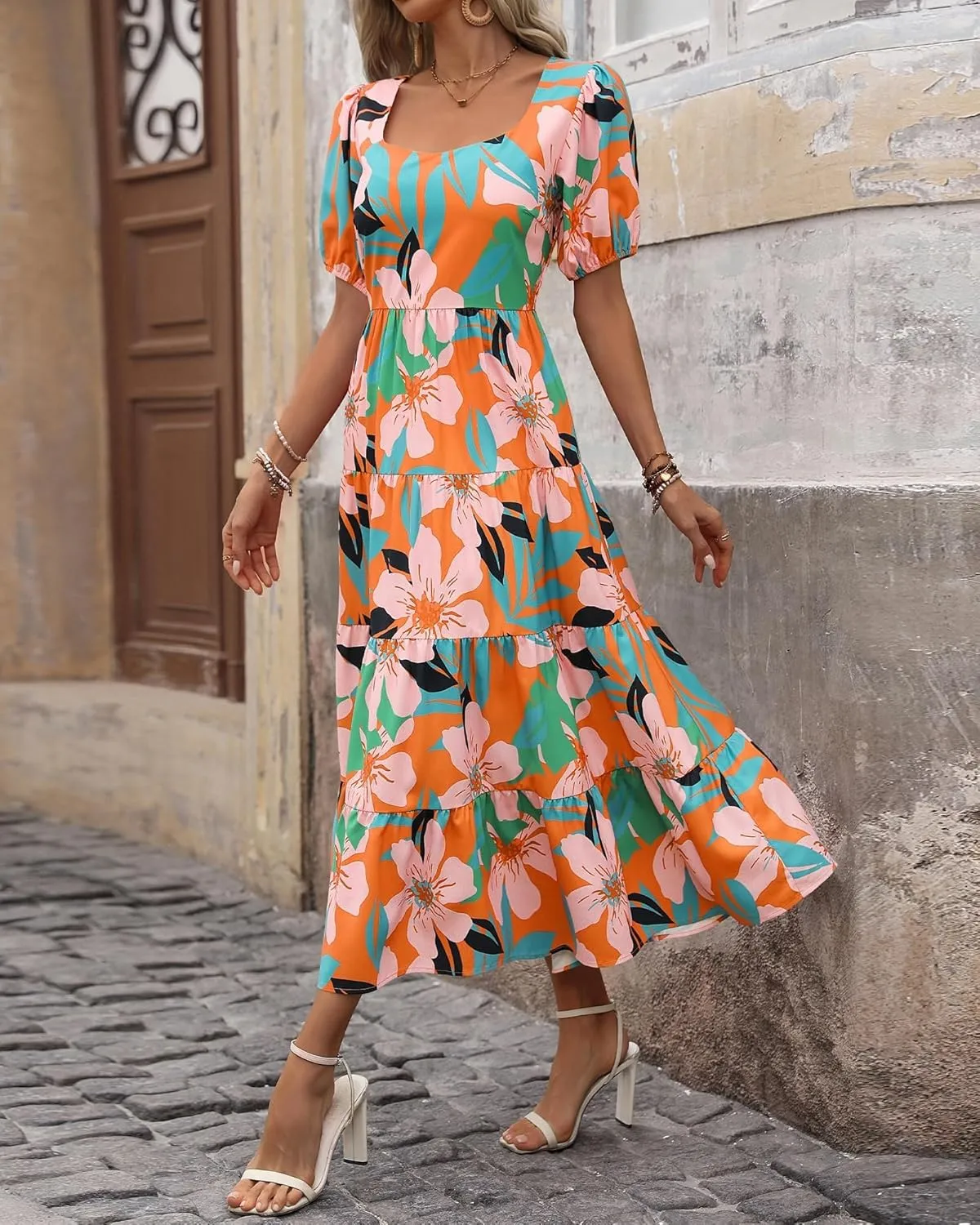 Women's Summer Floral Maxi Dress Cute Sleeveless/Short Sleeve Smocked Ruffle Long Dress Bohemian Flowy Beach Sundresses