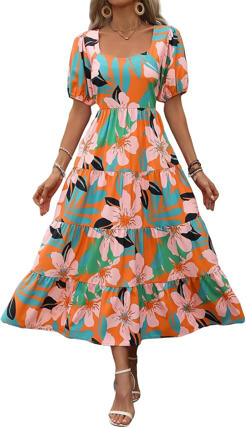 Women's Summer Floral Maxi Dress Cute Sleeveless/Short Sleeve Smocked Ruffle Long Dress Bohemian Flowy Beach Sundresses