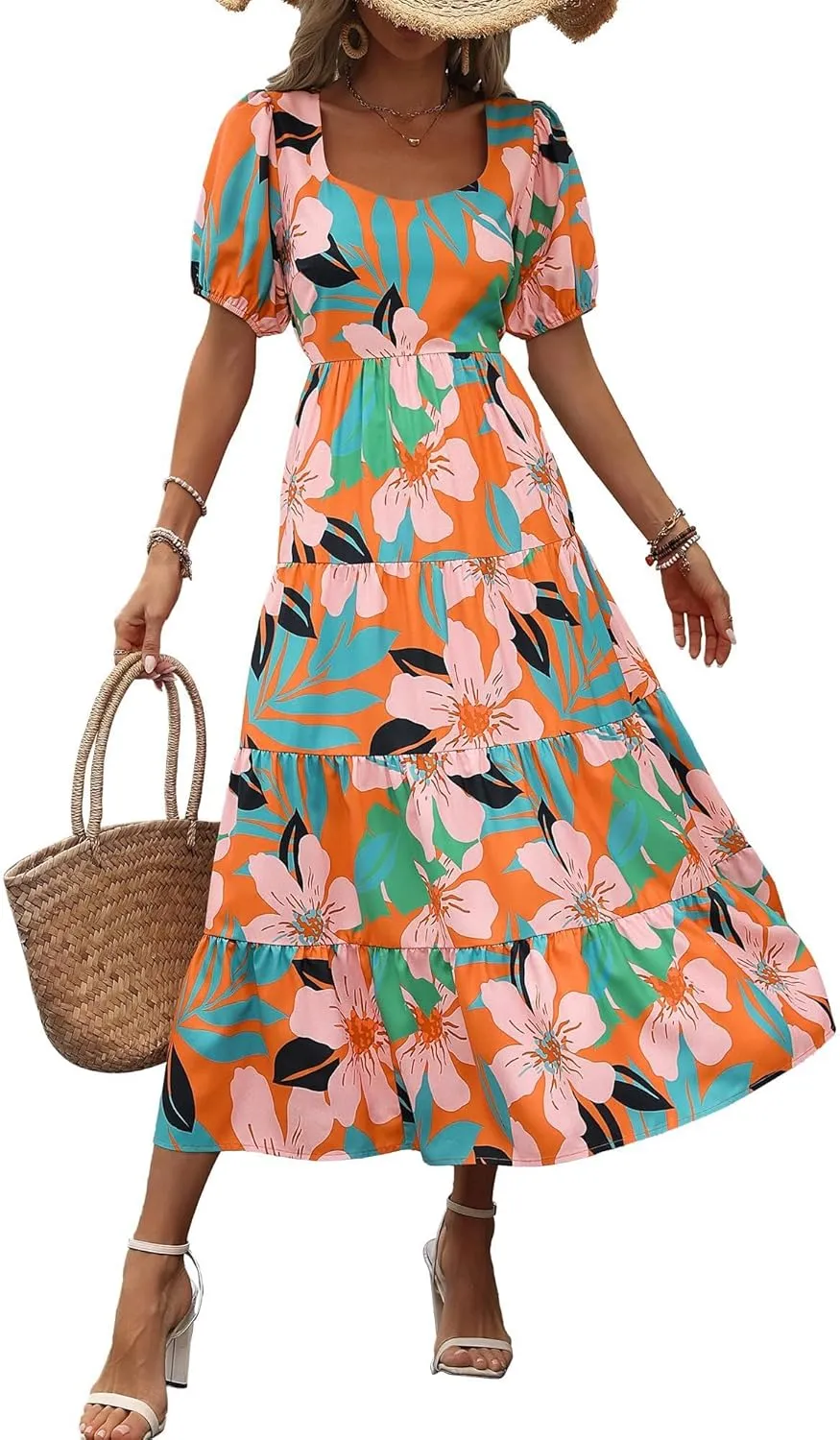 Women's Summer Floral Maxi Dress Cute Sleeveless/Short Sleeve Smocked Ruffle Long Dress Bohemian Flowy Beach Sundresses
