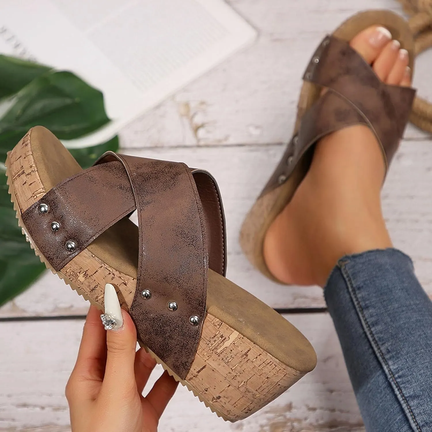 Womens Summer Wedge Sandals, Open Toe Slip On Cork Platform Sandal Casual Dressy Summer Comfortable Slide Shoes for Vacation Travel Beach