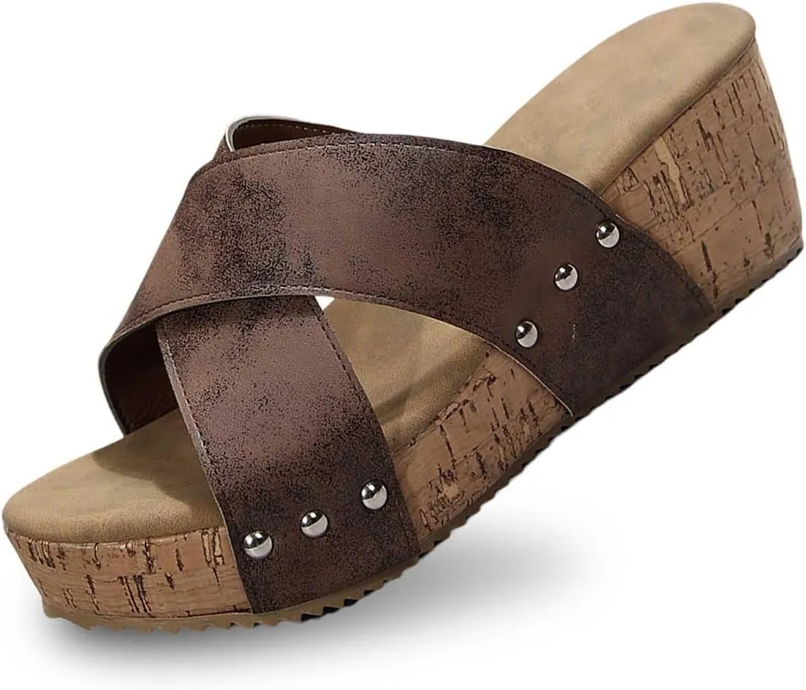 Womens Summer Wedge Sandals, Open Toe Slip On Cork Platform Sandal Casual Dressy Summer Comfortable Slide Shoes for Vacation Travel Beach