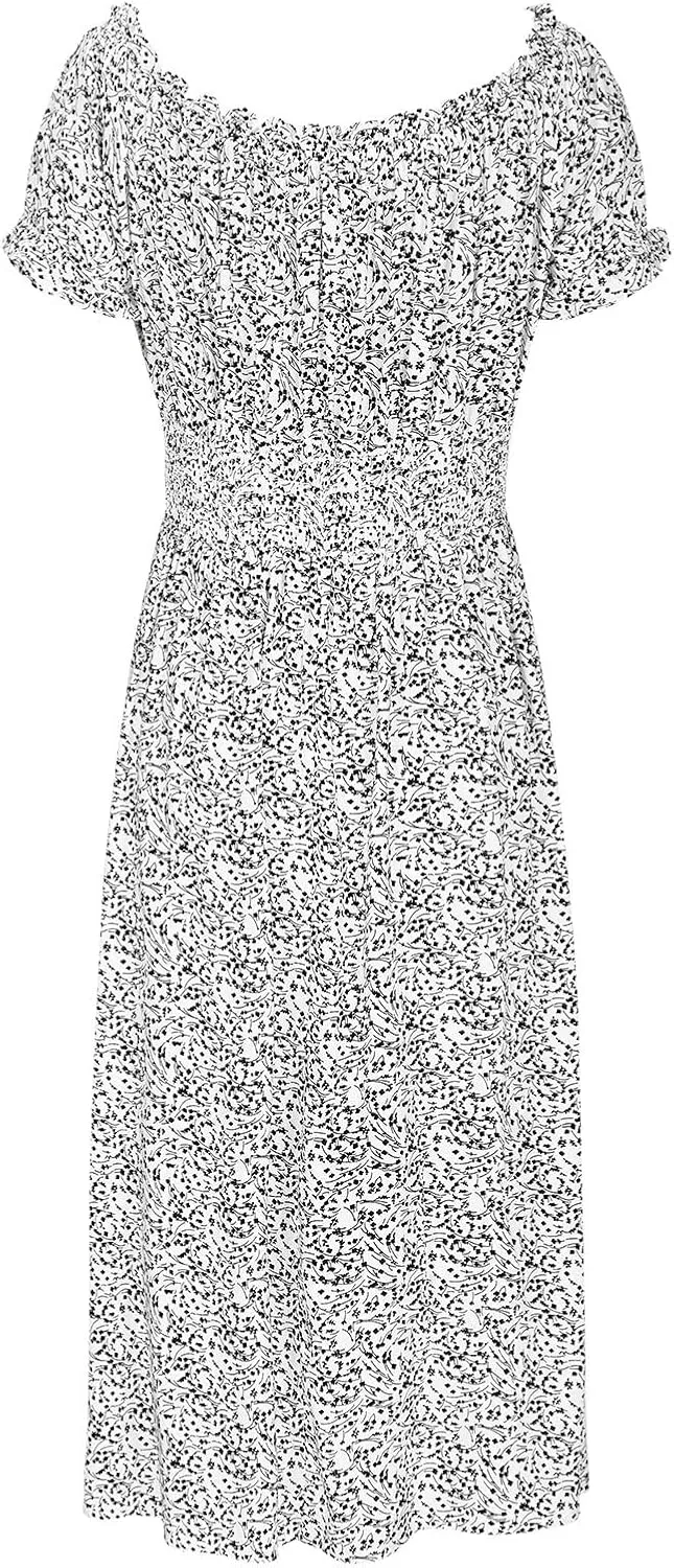 Womens Sundress Summer Casual Floral Midi Dress Ruffle Short Sleeve Crew Neck A-line Flowy Boho Dresses