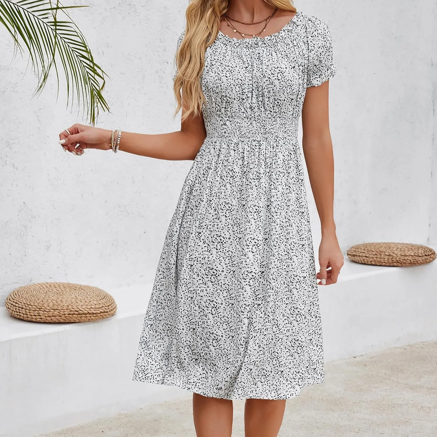 Womens Sundress Summer Casual Floral Midi Dress Ruffle Short Sleeve Crew Neck A-line Flowy Boho Dresses