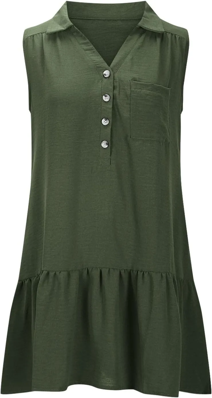 Womens Tank Dresses 2025 Summer V Neck Button Down Sleeveless Mini Sundress Ruffle Hem Shift Dress with Pockets
