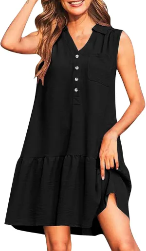 Womens Tank Dresses 2025 Summer V Neck Button Down Sleeveless Mini Sundress Ruffle Hem Shift Dress with Pockets