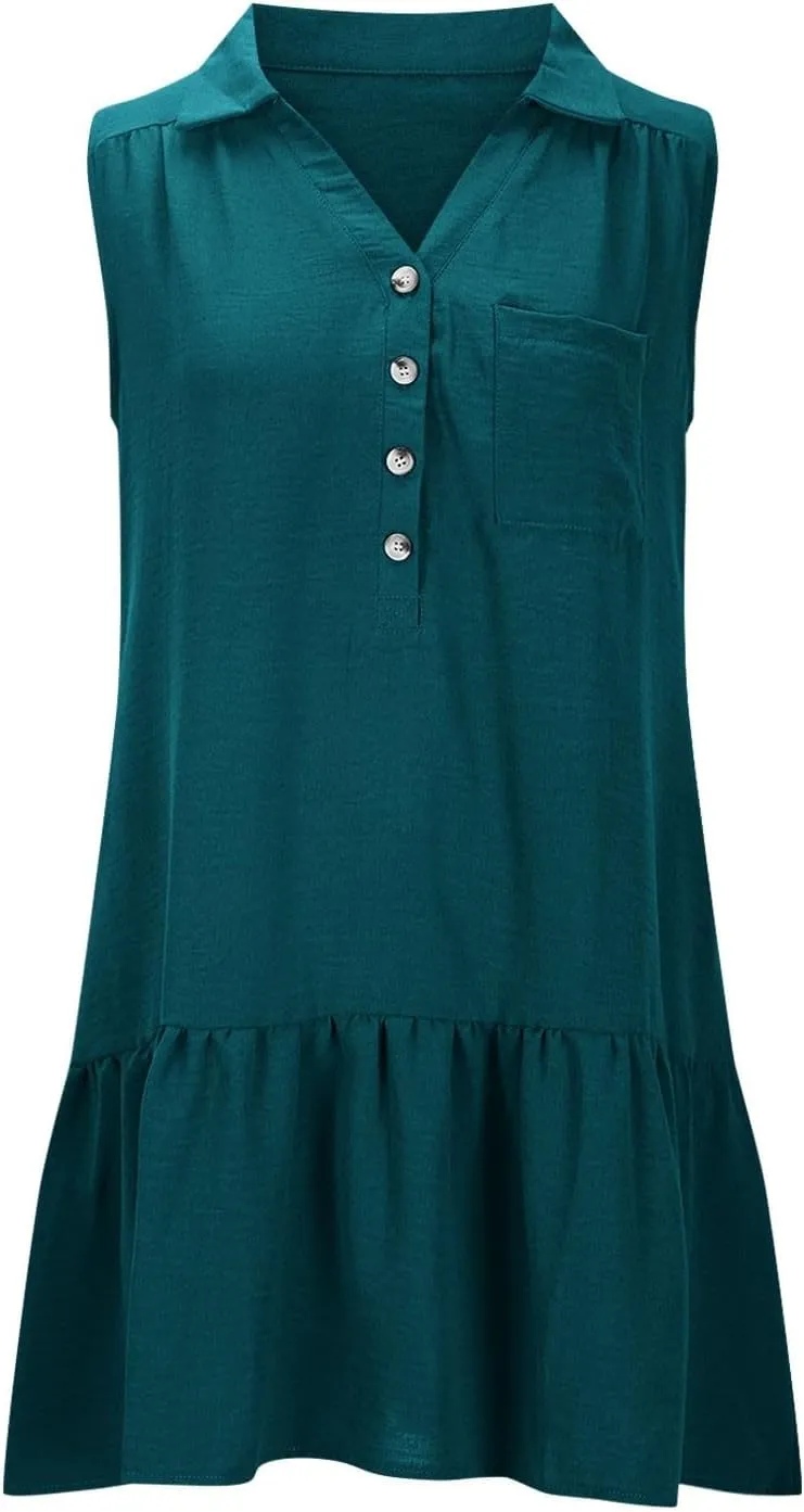 Womens Tank Dresses 2025 Summer V Neck Button Down Sleeveless Mini Sundress Ruffle Hem Shift Dress with Pockets