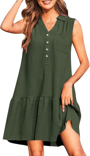 Womens Tank Dresses 2025 Summer V Neck Button Down Sleeveless Mini Sundress Ruffle Hem Shift Dress with Pockets