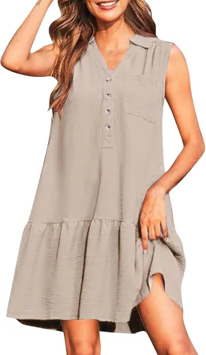 Womens Tank Dresses 2025 Summer V Neck Button Down Sleeveless Mini Sundress Ruffle Hem Shift Dress with Pockets