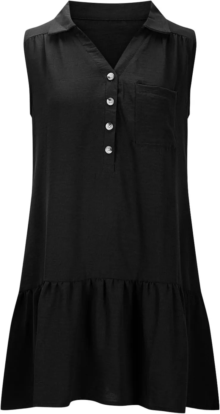 Womens Tank Dresses 2025 Summer V Neck Button Down Sleeveless Mini Sundress Ruffle Hem Shift Dress with Pockets
