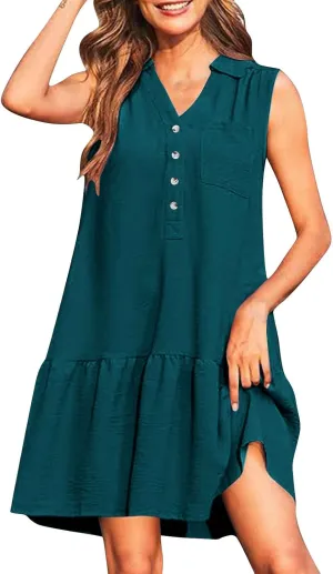 Womens Tank Dresses 2025 Summer V Neck Button Down Sleeveless Mini Sundress Ruffle Hem Shift Dress with Pockets
