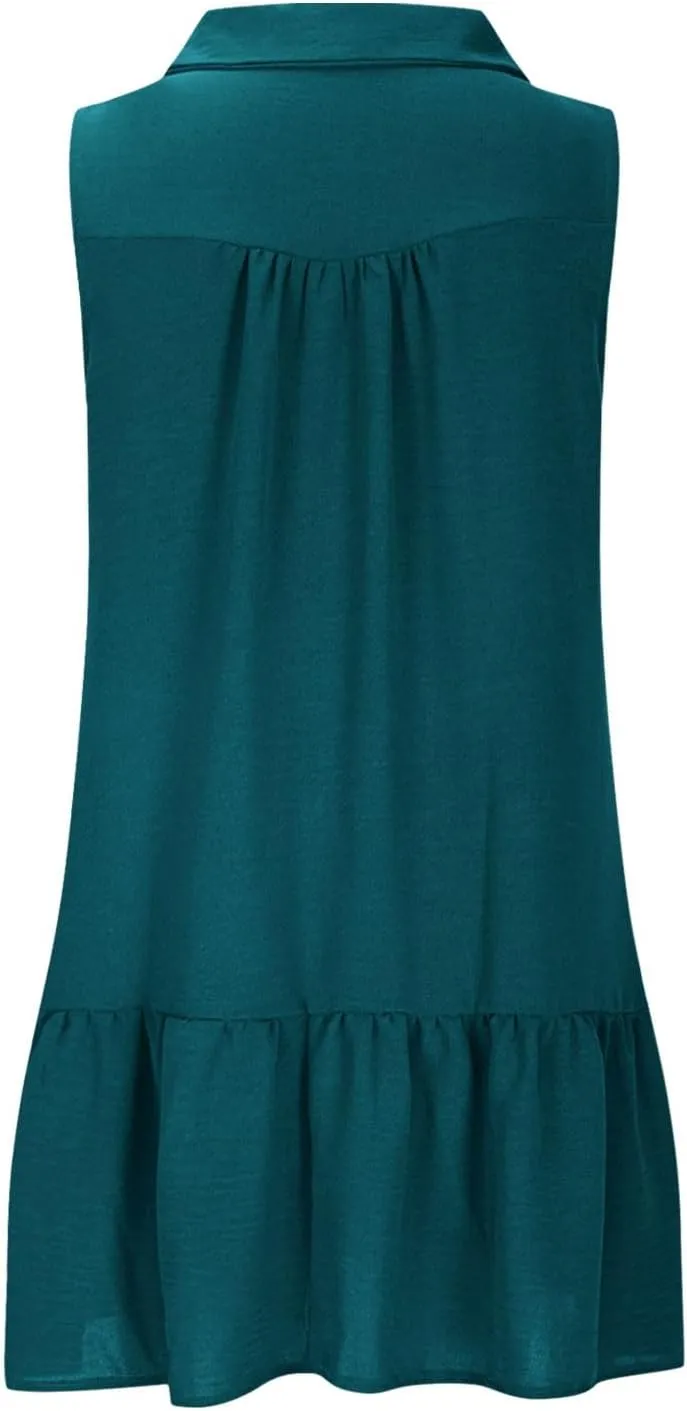 Womens Tank Dresses 2025 Summer V Neck Button Down Sleeveless Mini Sundress Ruffle Hem Shift Dress with Pockets