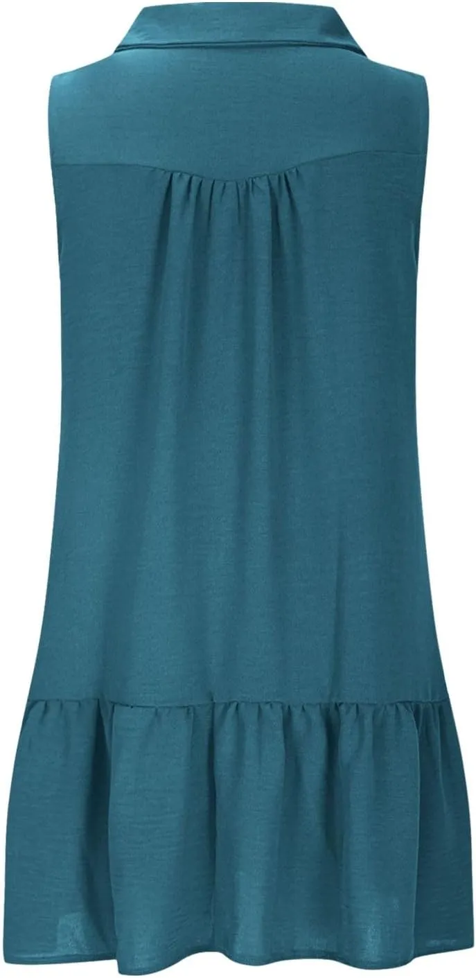 Womens Tank Dresses 2025 Summer V Neck Button Down Sleeveless Mini Sundress Ruffle Hem Shift Dress with Pockets