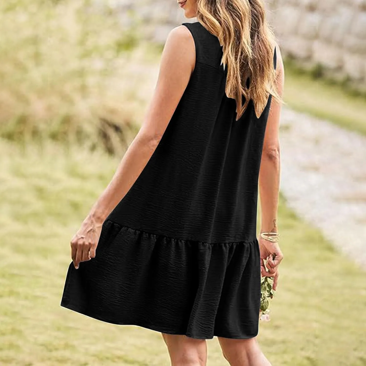 Womens Tank Dresses 2025 Summer V Neck Button Down Sleeveless Mini Sundress Ruffle Hem Shift Dress with Pockets
