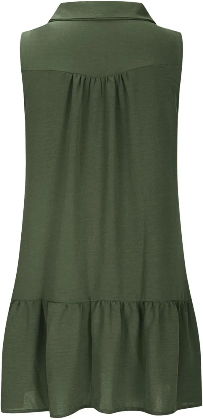 Womens Tank Dresses 2025 Summer V Neck Button Down Sleeveless Mini Sundress Ruffle Hem Shift Dress with Pockets