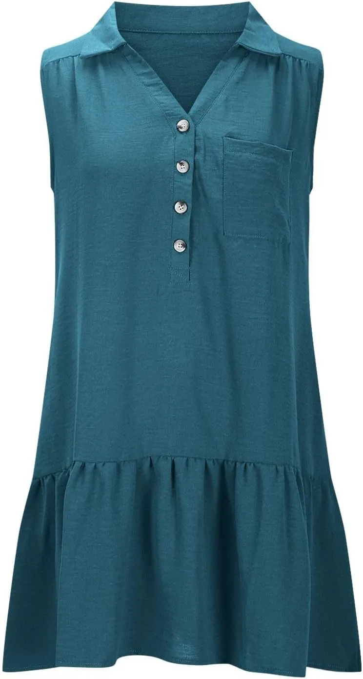 Womens Tank Dresses 2025 Summer V Neck Button Down Sleeveless Mini Sundress Ruffle Hem Shift Dress with Pockets