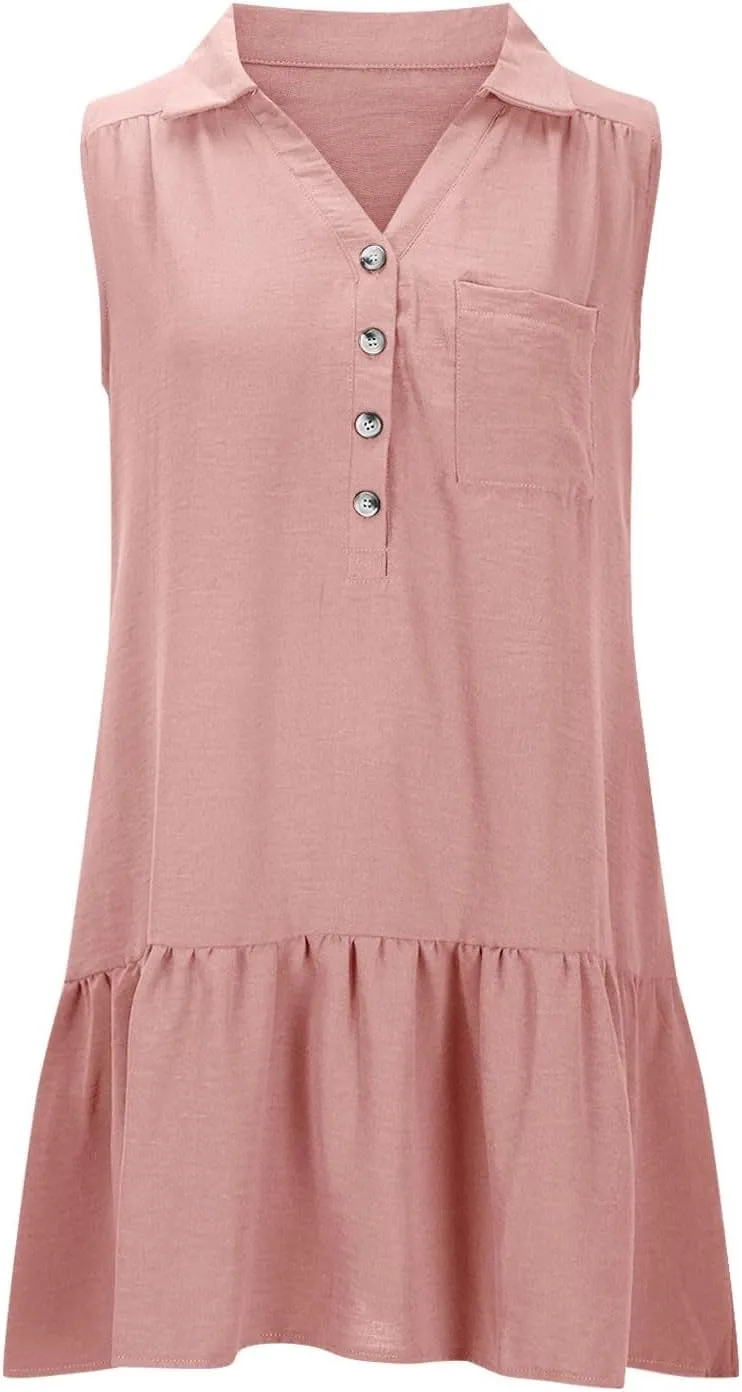 Womens Tank Dresses 2025 Summer V Neck Button Down Sleeveless Mini Sundress Ruffle Hem Shift Dress with Pockets