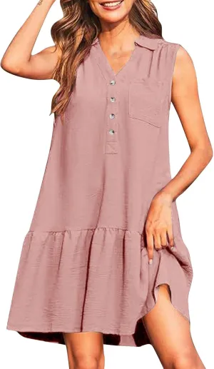 Womens Tank Dresses 2025 Summer V Neck Button Down Sleeveless Mini Sundress Ruffle Hem Shift Dress with Pockets