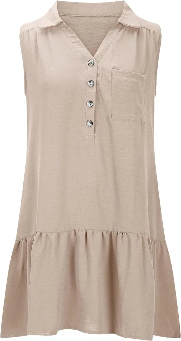 Womens Tank Dresses 2025 Summer V Neck Button Down Sleeveless Mini Sundress Ruffle Hem Shift Dress with Pockets
