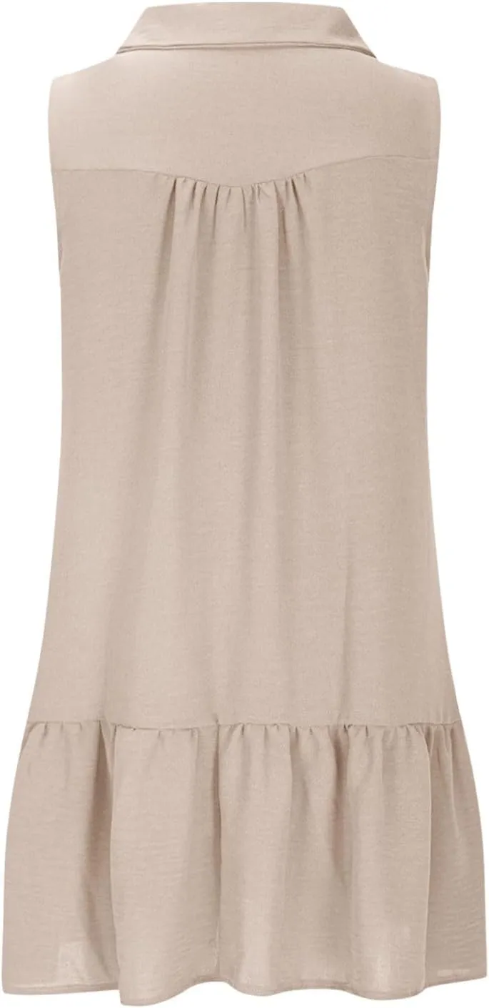 Womens Tank Dresses 2025 Summer V Neck Button Down Sleeveless Mini Sundress Ruffle Hem Shift Dress with Pockets