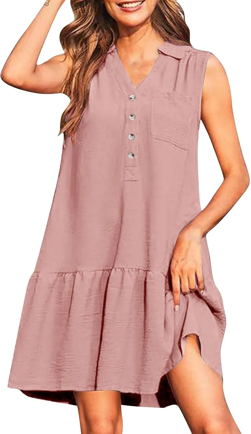 Womens Tank Dresses 2025 Summer V Neck Button Down Sleeveless Mini Sundress Ruffle Hem Shift Dress with Pockets