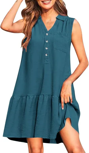 Womens Tank Dresses 2025 Summer V Neck Button Down Sleeveless Mini Sundress Ruffle Hem Shift Dress with Pockets