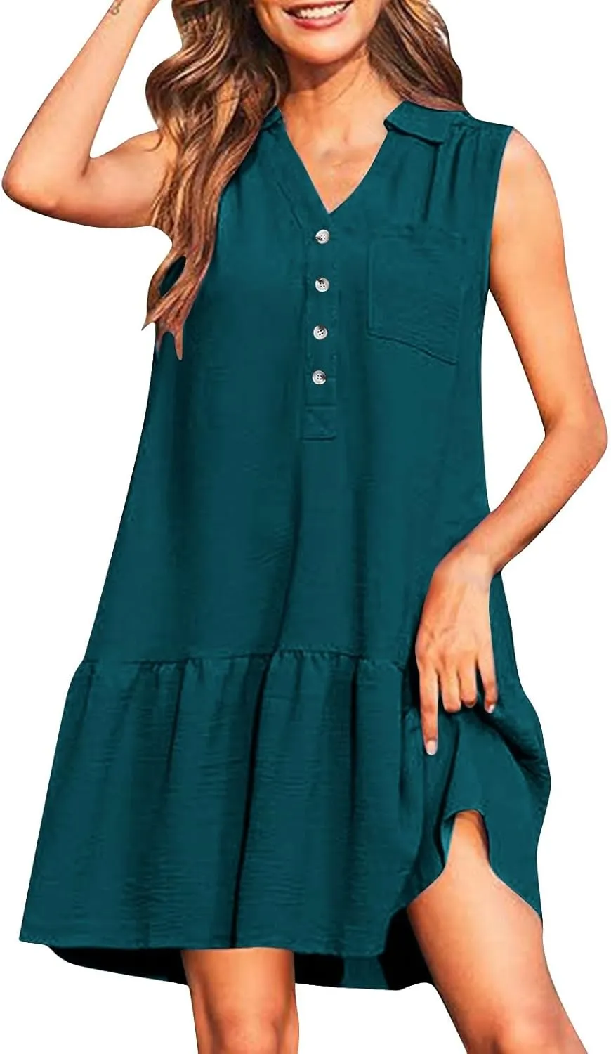 Womens Tank Dresses 2025 Summer V Neck Button Down Sleeveless Mini Sundress Ruffle Hem Shift Dress with Pockets