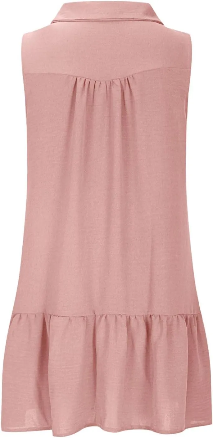 Womens Tank Dresses 2025 Summer V Neck Button Down Sleeveless Mini Sundress Ruffle Hem Shift Dress with Pockets