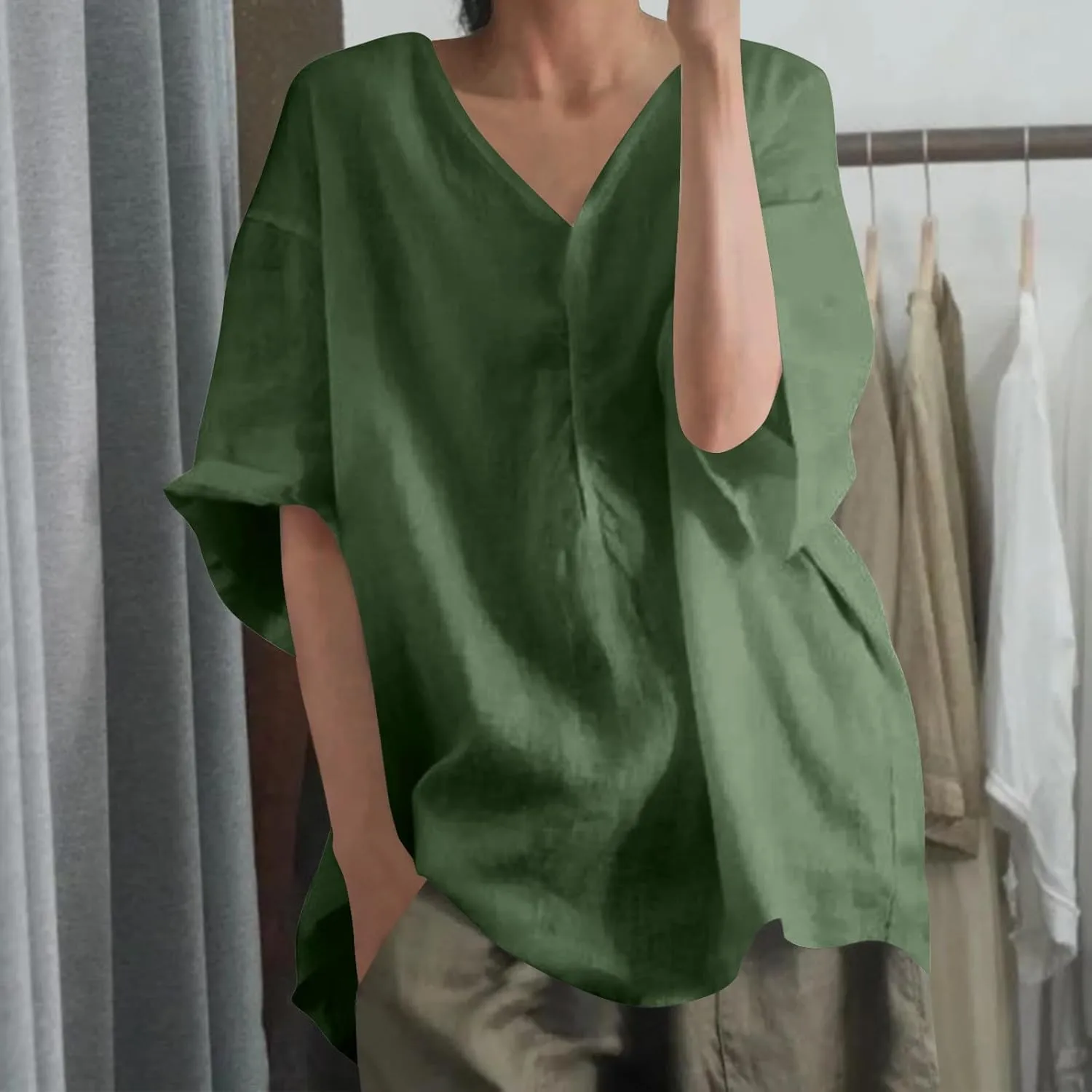 Womens Tshirts Cotton Loose Fit Linen Blouses Button Down Half Sleeve Casual V-Neck Oversized Summer Cotton T-Shirt