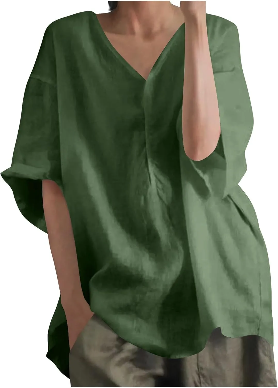 Womens Tshirts Cotton Loose Fit Linen Blouses Button Down Half Sleeve Casual V-Neck Oversized Summer Cotton T-Shirt