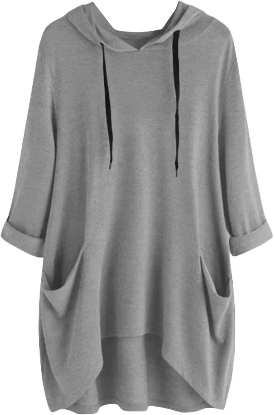 Womens Tunic Tops Lightweight Pullover Hoodies 3/4 Sleeve T Shirts Oversized Hoodies Solid Color Tops with Pockets