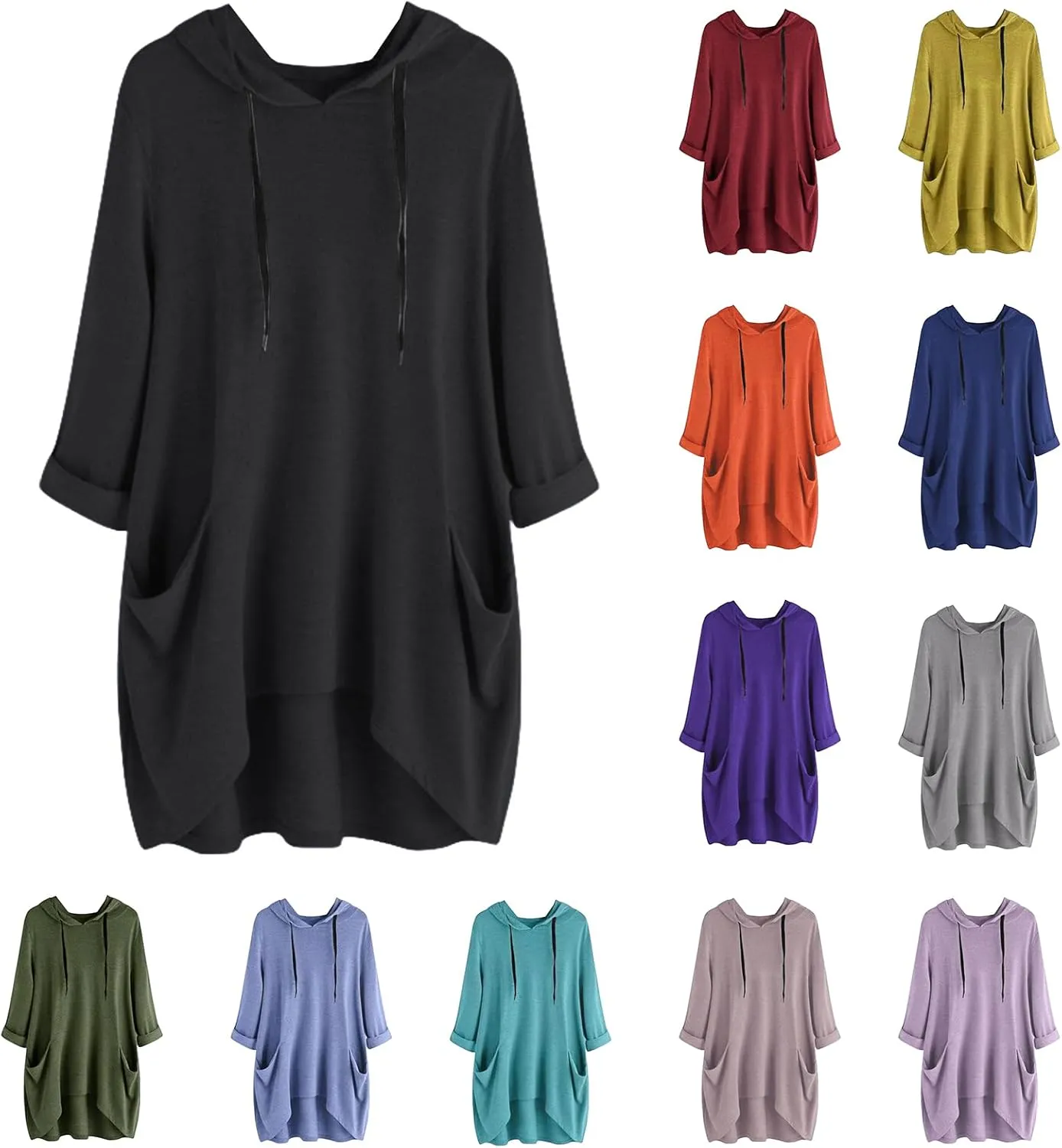 Womens Tunic Tops Lightweight Pullover Hoodies 3/4 Sleeve T Shirts Oversized Hoodies Solid Color Tops with Pockets