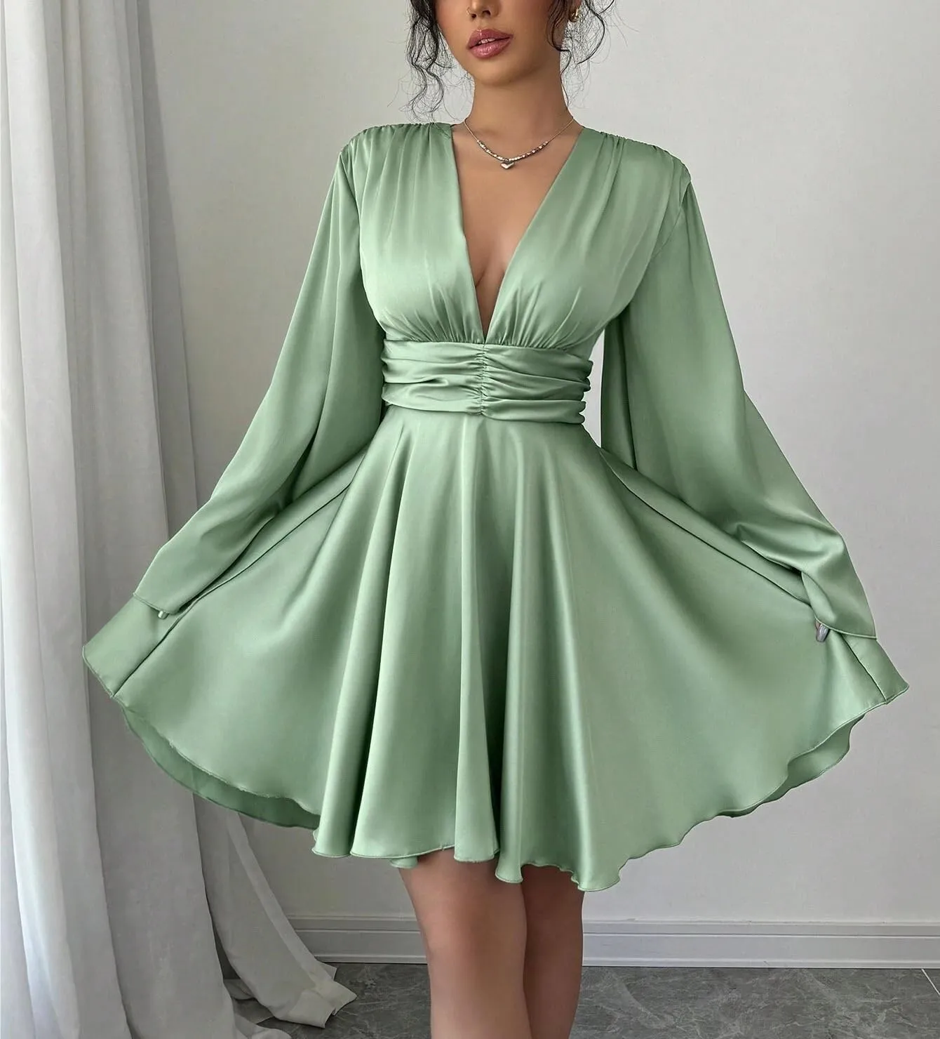 Women's V-Neck Long Sleeves Waist Ruched Ruffles Hem Satin Elegant Party Dress, Fashion Short Dresses for Women