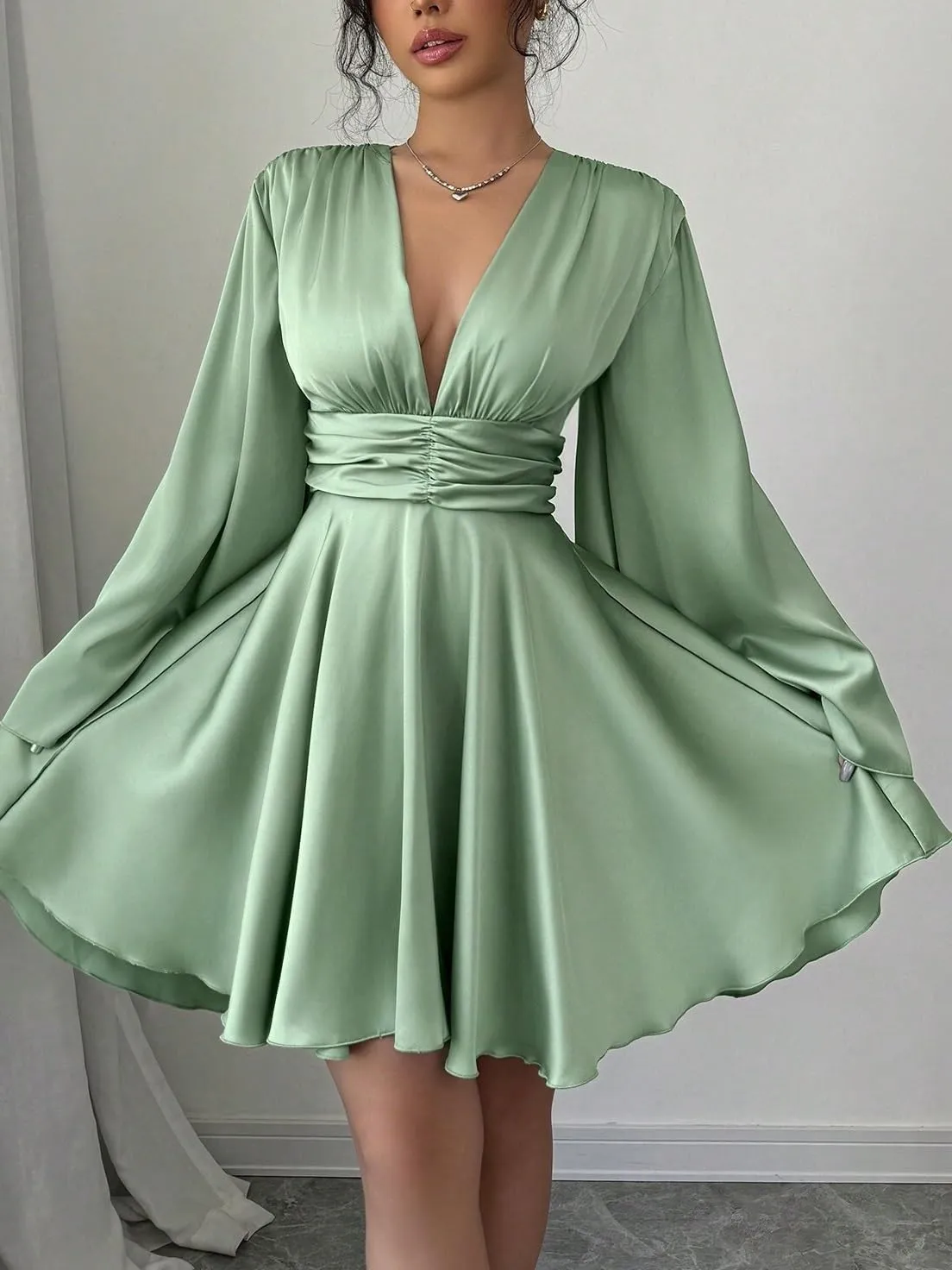 Women's V-Neck Long Sleeves Waist Ruched Ruffles Hem Satin Elegant Party Dress, Fashion Short Dresses for Women