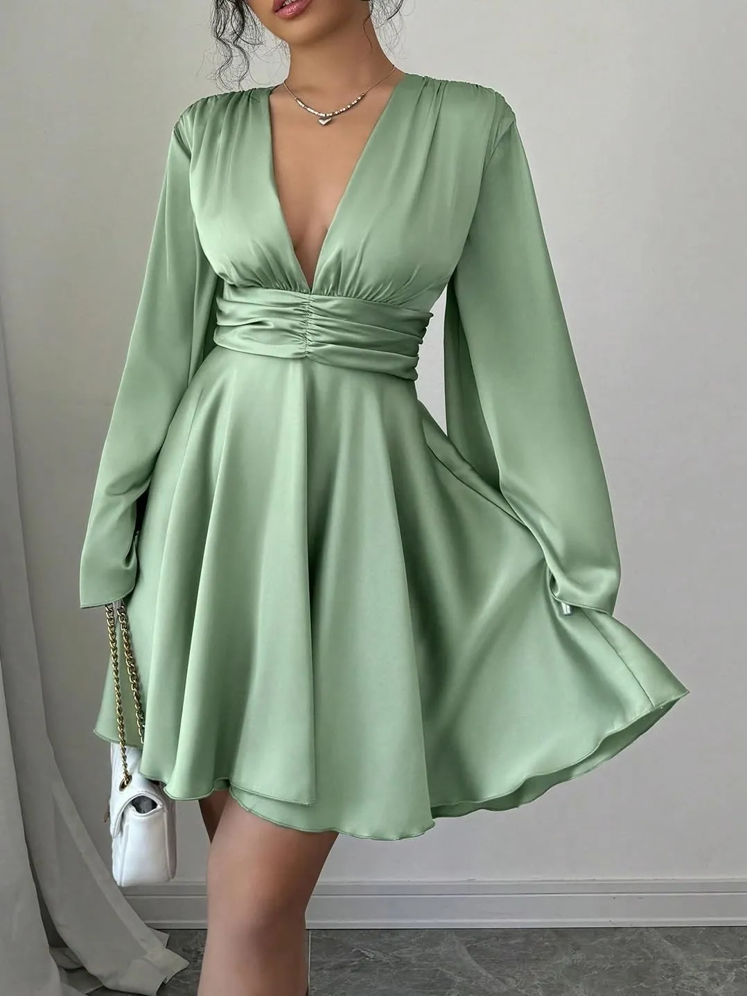 Women's V-Neck Long Sleeves Waist Ruched Ruffles Hem Satin Elegant Party Dress, Fashion Short Dresses for Women