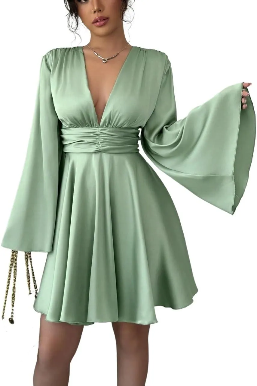 Women's V-Neck Long Sleeves Waist Ruched Ruffles Hem Satin Elegant Party Dress, Fashion Short Dresses for Women