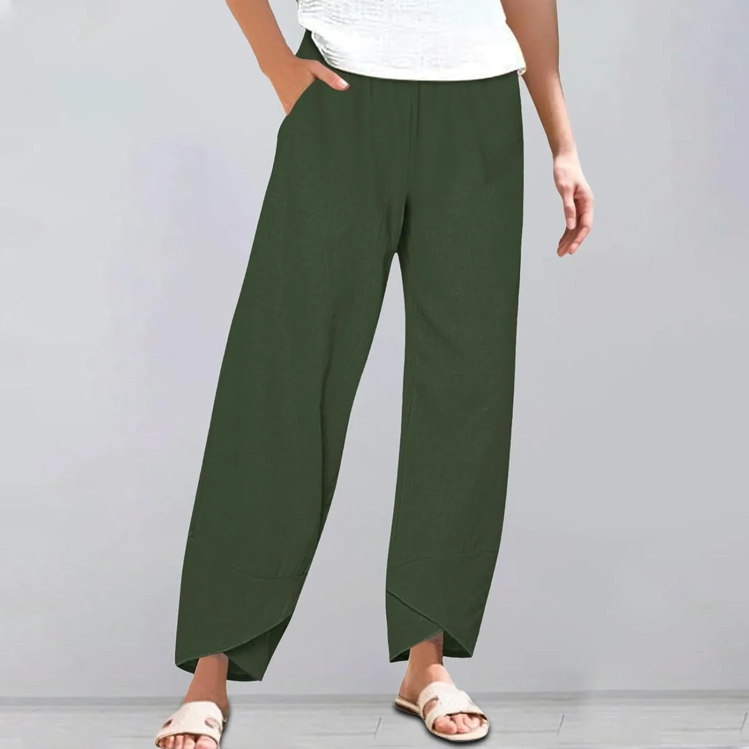 Women's Wide Leg Pants with Pockets Work Pants with Pockets Elastic High Waist Paper Summer Boho Wide Leg High Waist