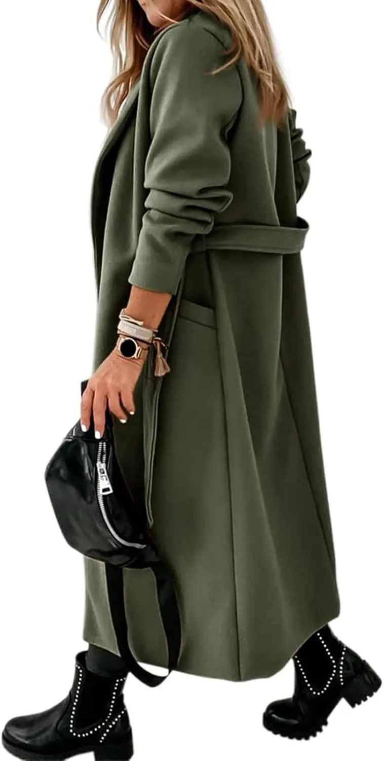 Womens Wool Blend Trench Coat Dressy Open Front Long Cardigan Fall Winter Trendy Coatigan Jackets Outwear with Pocket